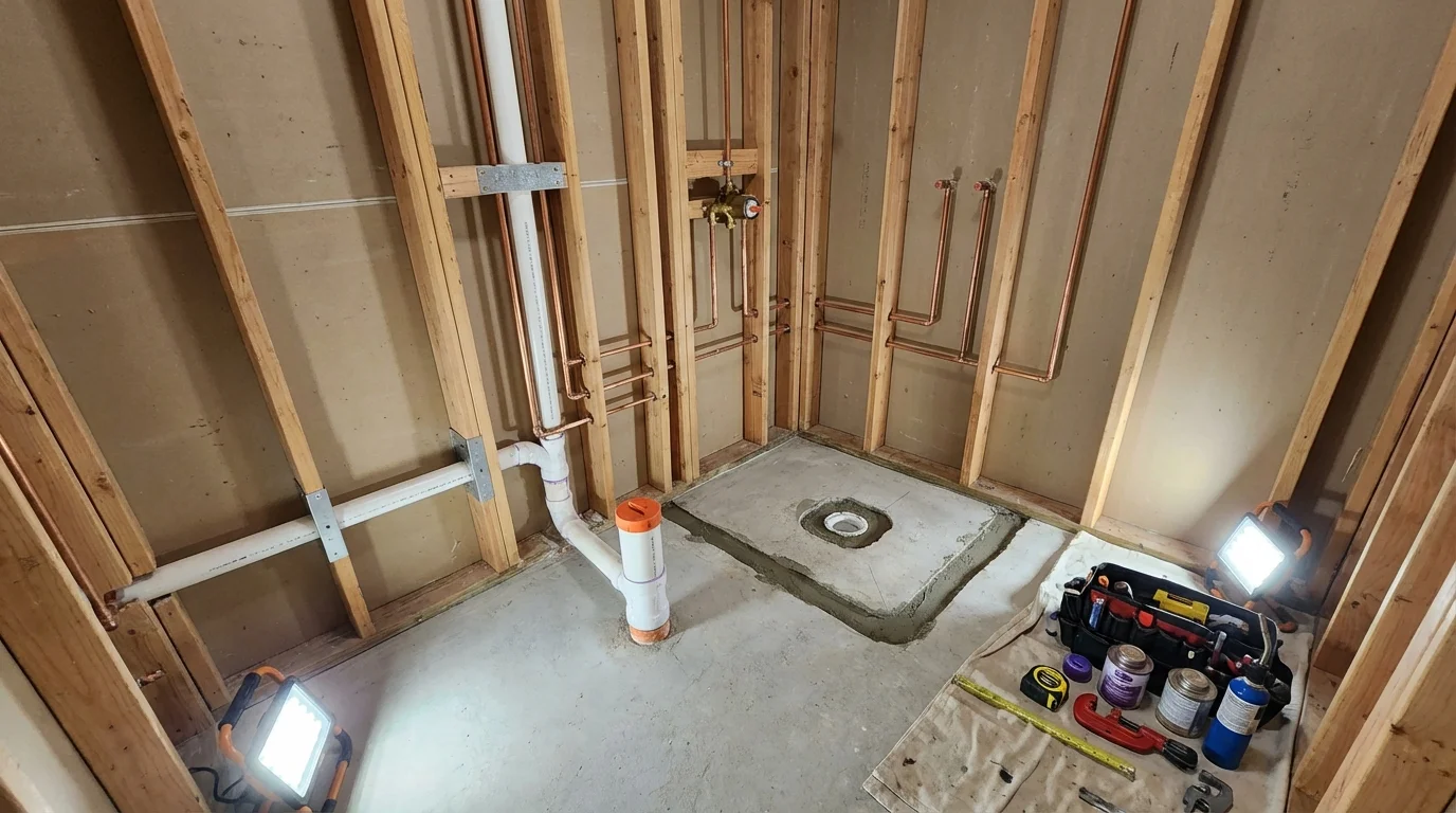 Bathroom rough-in plumbing during remodel by Johns Plumbing LLC in Wakefield