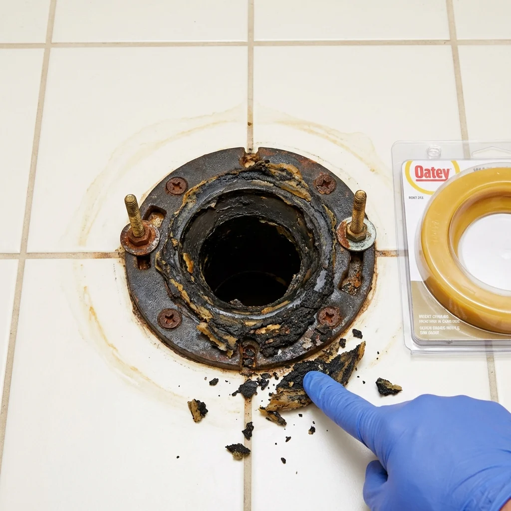 Failed wax ring showing water seepage at the base of a toilet in a Wakefield, NE home