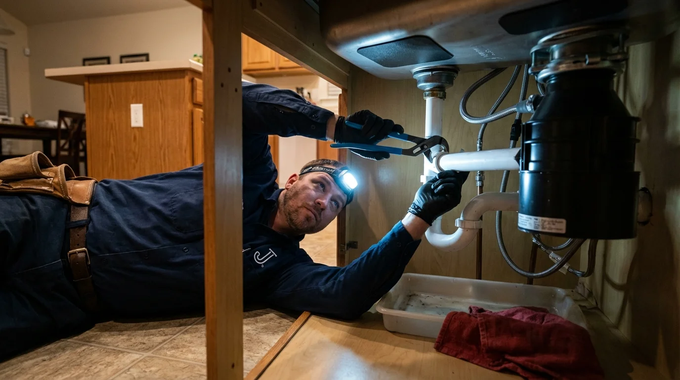 P-trap and supply line connections under a kitchen sink showing a common leak point in Wakefield, NE